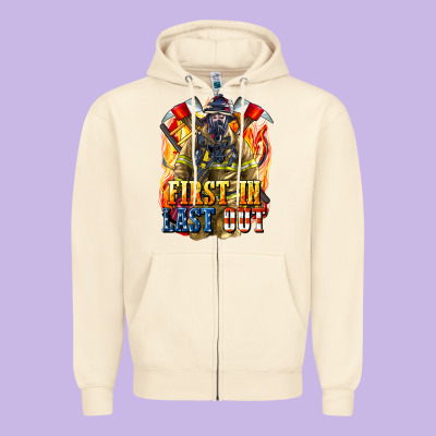 First In Last Out American Firefighter Zipper Hoodie Designed By Lillyallendesigns