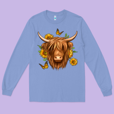 Sunflowers Long Haired Cow Long Sleeve Tee Designed By Jasminsmagicworld