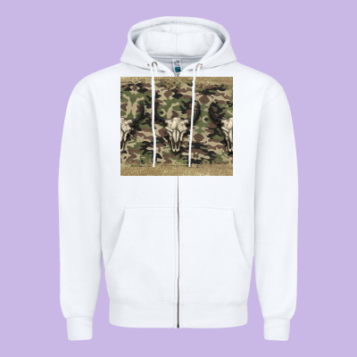 Camouflage Bull Skull Zipper Hoodie Designed By Jasminsmagicworld