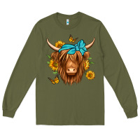 Army Green sunflower long haired cow Long Sleeve Tee - Jasminsmagicworld