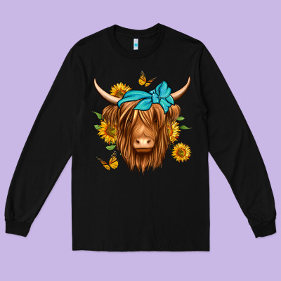 Sunflower Long Haired Cow Long Sleeve Tee Designed By Jasminsmagicworld