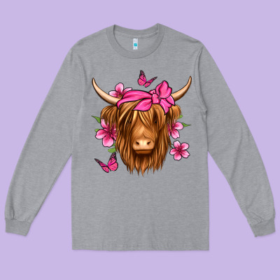 Floral Pink Bandana Longhaired Cow Long Sleeve Tee Designed By Jasminsmagicworld