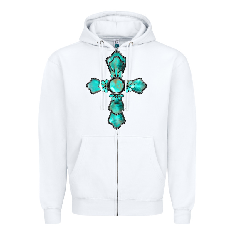 Western Turquoise Gemstone Cross Zipper Hoodie by BarkalooDesign | Teevron