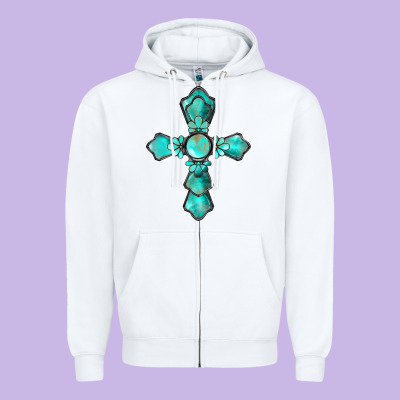 Western Turquoise Gemstone Cross Zipper Hoodie Designed By Barkaloodesign