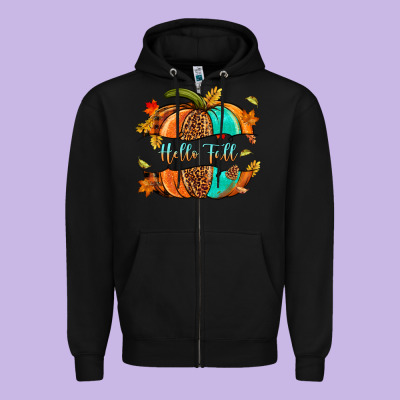 Pumpkin Hello Fall Zipper Hoodie Designed By Nancycooperartshop