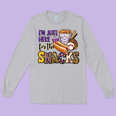 I'm Just Here For The Snacks Baseball Purple And G Long Sleeve Tee Designed By Jasminsmagicworld