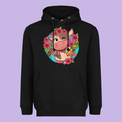 Cute Cow Pink Flowers And Leopard Pattern Heavyweight Hoodie Designed By Nancycooperartshop