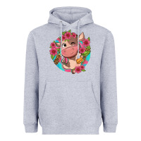 Heather Grey cute cow pink flowers and leopard pattern Heavyweight Hoodie - NancyCooperArtShop