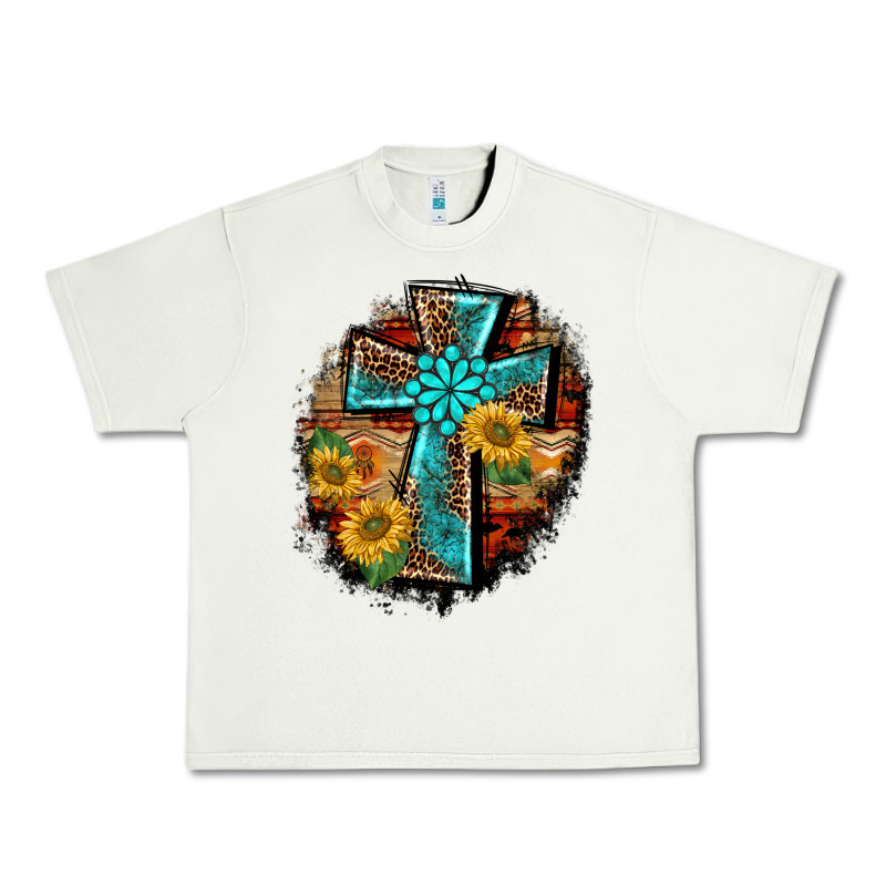 Western Turquoise's Leopard Cross  Wooden Aztek Sunflowers Background Urban Heavy Tee by BarkalooDesign | Teevron
