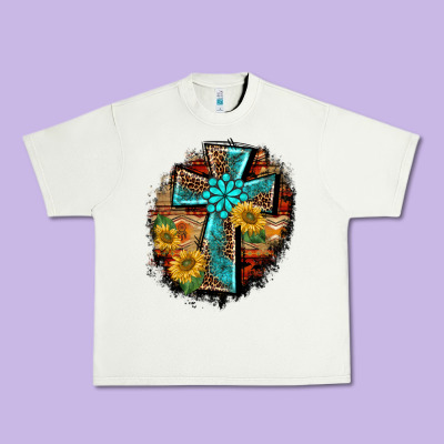 Western Turquoise's Leopard Cross  Wooden Aztek Sunflowers Background Urban Heavy Tee Designed By Barkaloodesign