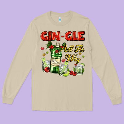 Gin`gle All The Way With Bottle And Cocktails Long Sleeve Tee Designed By Adodesignshop