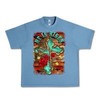 Pebble Blue he is risen cross with roses background Urban Heavy Tee - BarkalooDesign
