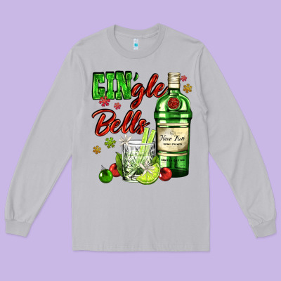 Gin`gle Bells With Bottle And Cocktail Long Sleeve Tee Designed By Adodesignshop