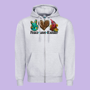 Peace Love Rooster Zipper Hoodie Designed By Barkaloodesign