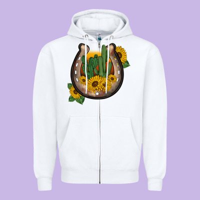 Western Horseshoe Sunflower Cactus Zipper Hoodie Designed By Barkaloodesign