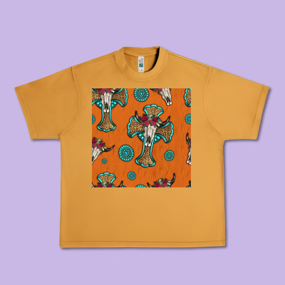 Western Cross And Bull Skull Seamless Pattern Urban Heavy Tee Designed By Hra Design Shop