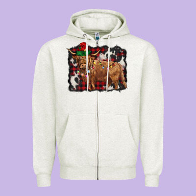 Christmas Highland Cow Zipper Hoodie Designed By Barkaloodesign