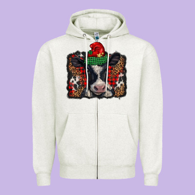 Christmas Black And White Baby Cow Zipper Hoodie Designed By Barkaloodesign