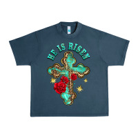 Midnight Navy he is risen cross with roses Urban Heavy Tee - BarkalooDesign