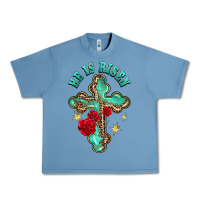 Pebble Blue he is risen cross with roses Urban Heavy Tee - BarkalooDesign