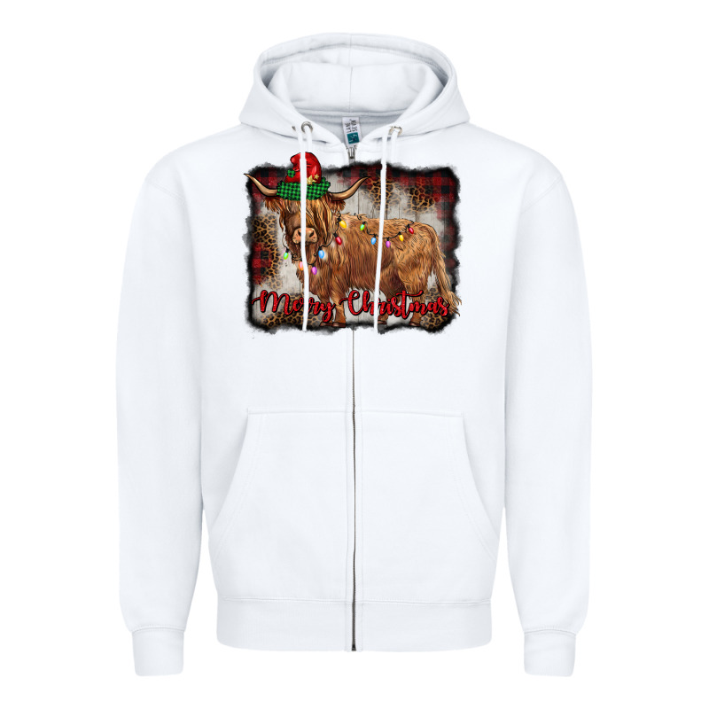 Merry Christmas Highland Cow Zipper Hoodie by BarkalooDesign | Teevron