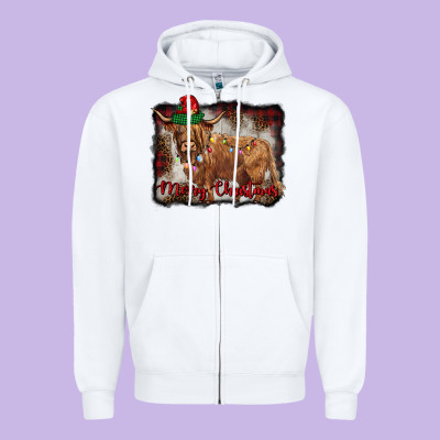 Merry Christmas Highland Cow Zipper Hoodie Designed By Barkaloodesign