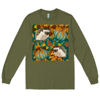 Army Green hedgehog and pumpkins seamless pattern Long Sleeve Tee - BundleAndBundleShop