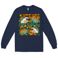 Navy hedgehog and pumpkins seamless pattern Long Sleeve Tee - BundleAndBundleShop
