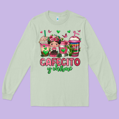 Cafecito Y Chisme Coffee Cups Long Sleeve Tee Designed By Jasminsmagicworld