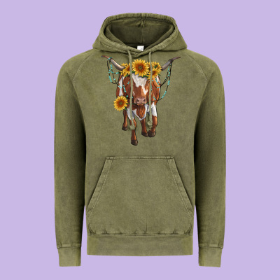 Longhorn Cow With Sunflowers Vintage Hoodie Designed By Ranaportraitstore