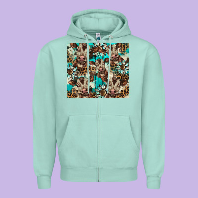 Western Cowhide Sunflower Baby Cow Zipper Hoodie Designed By Barkaloodesign