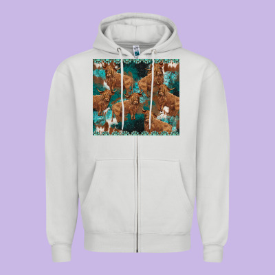 Turquoises Gemstones Cowhide Highlands Cow Zipper Hoodie Designed By Barkaloodesign