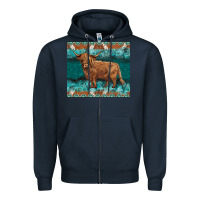 Navy turquoises gemstones cowhide highland cow Zipper Hoodie - BarkalooDesign