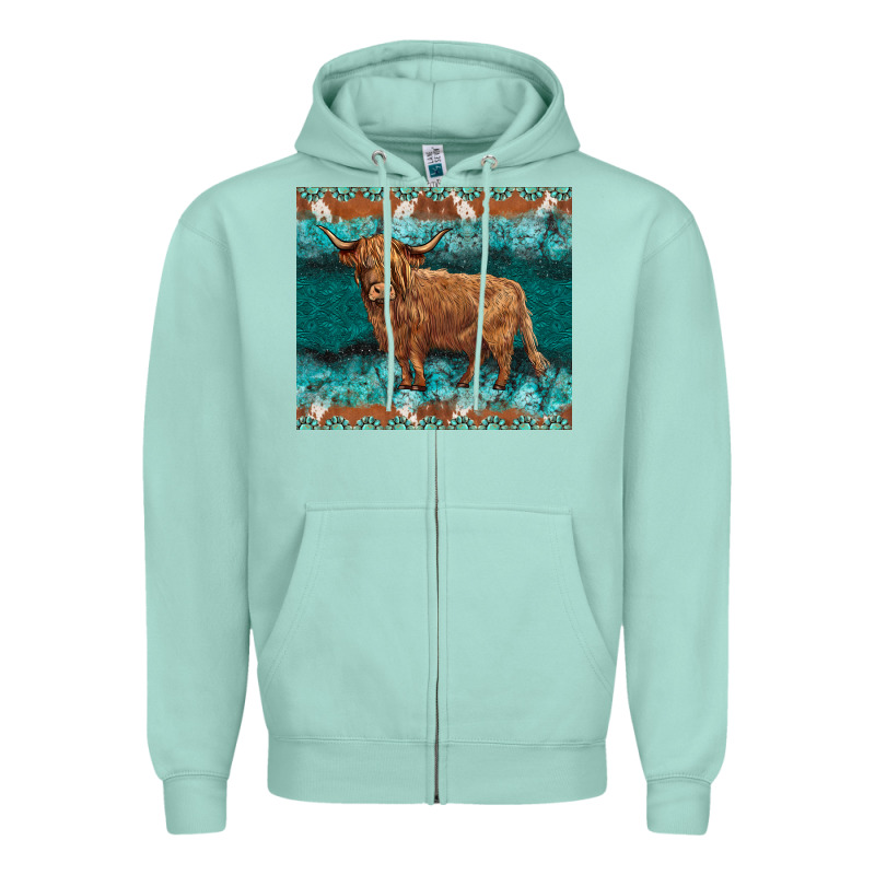 Turquoises Gemstones Cowhide Highland Cow Zipper Hoodie by BarkalooDesign | Teevron