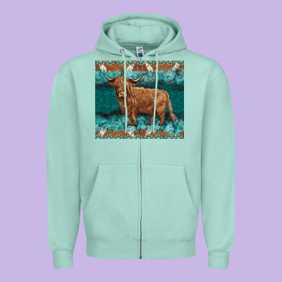 Turquoises Gemstones Cowhide Highland Cow Zipper Hoodie Designed By Barkaloodesign