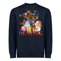 Navy He lives Easter Day Heavyweight Sweatshirt - CowGirlArtShop