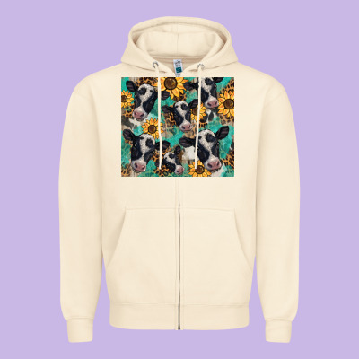 Western Leopard Sunflower Black And White  Cow Zipper Hoodie Designed By Barkaloodesign