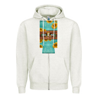 Oatmeal Heather mom hereford cattle sunflowers on tooled leather slim can cooler Zipper Hoodie - BarkalooDesign