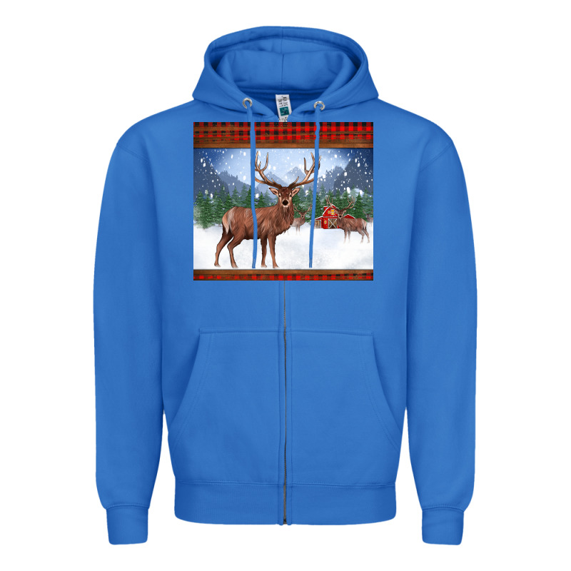 Christmas Reindeer Red Barn Country Farm Christmas Zipper Hoodie by BarkalooDesign | Teevron