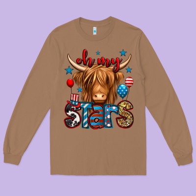 Oh My Stars 4th Of July Shaggy Cow Long Sleeve Tee Designed By Jasminsmagicworld
