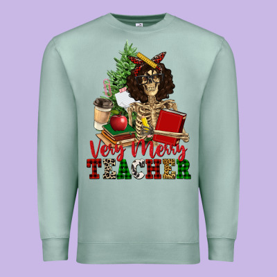 Very Merry Teacher Skeleton Premium Sweatshirt Designed By Nancycooperartshop