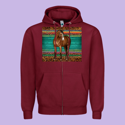 Western Horse Serape  Leather Leopard Zipper Hoodie Designed By Barkaloodesign