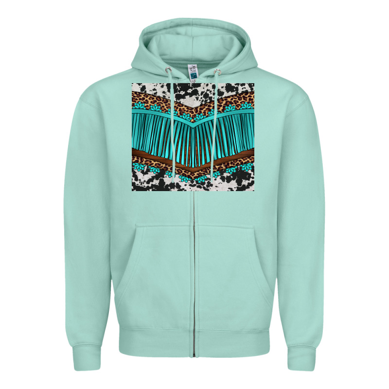 Western Cowhide Leopard Turquoise Fringed Zipper Hoodie by BarkalooDesign | Teevron
