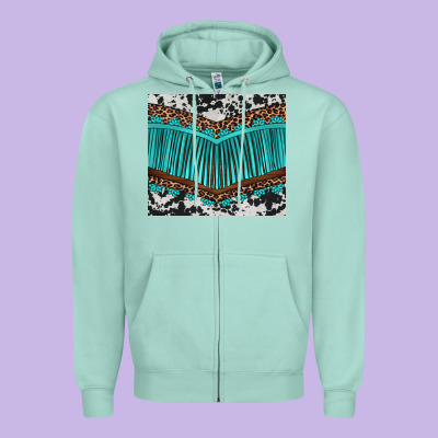 Western Cowhide Leopard Turquoise Fringed Zipper Hoodie Designed By Barkaloodesign