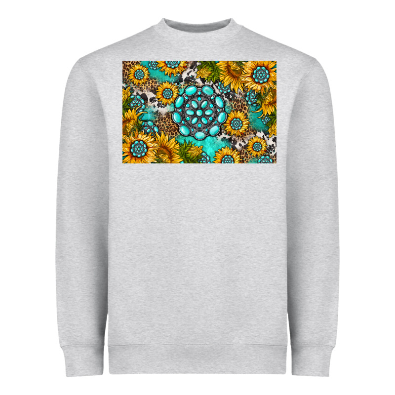 Western Turquoise And Sunflowers Skinny Metal Can Holder Heavyweight Sweatshirt by HRA Design Shop | Teevron