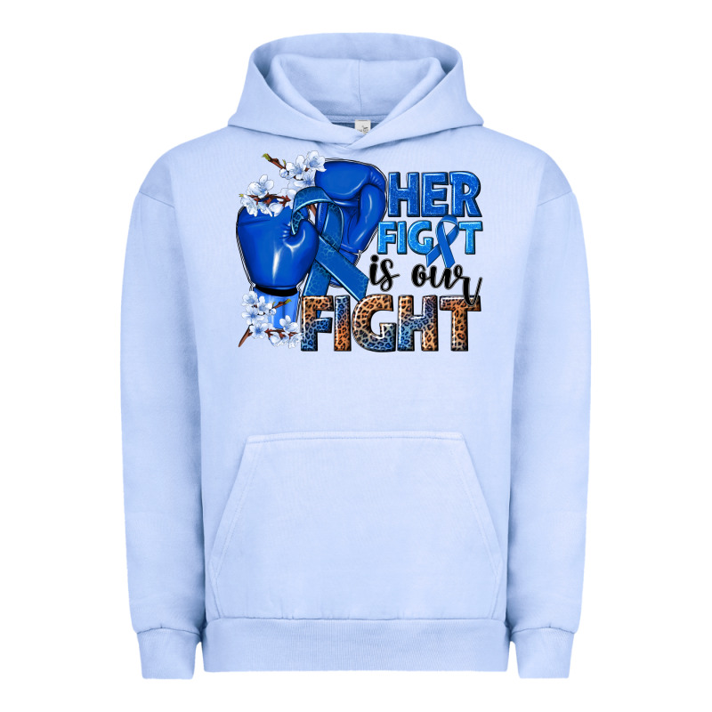 Her Fight Is Our Fight Colon Cancer Blue Ribbon Urban Hoodie by NancyCooperArtShop | Teevron