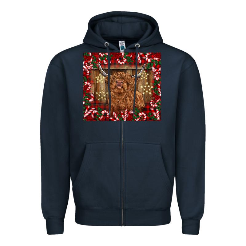 Christmas Highland Cow With Candy Canes Zipper Hoodie by BarkalooDesign | Teevron