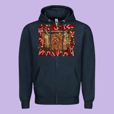 Christmas Highland Cow With Candy Canes Zipper Hoodie Designed By Barkaloodesign