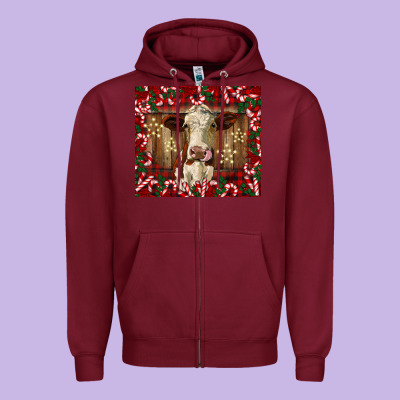 Christmas Heifer With Candy Canes Zipper Hoodie Designed By Barkaloodesign