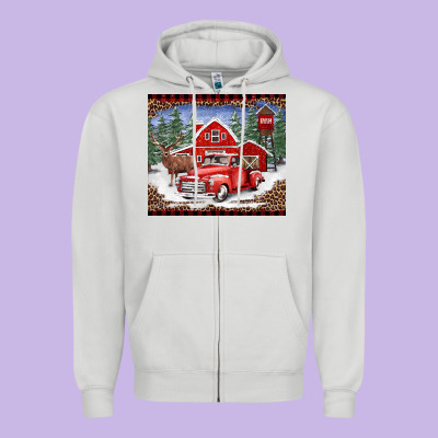 Christmas Farm Reindeer And Truck Zipper Hoodie Designed By Barkaloodesign